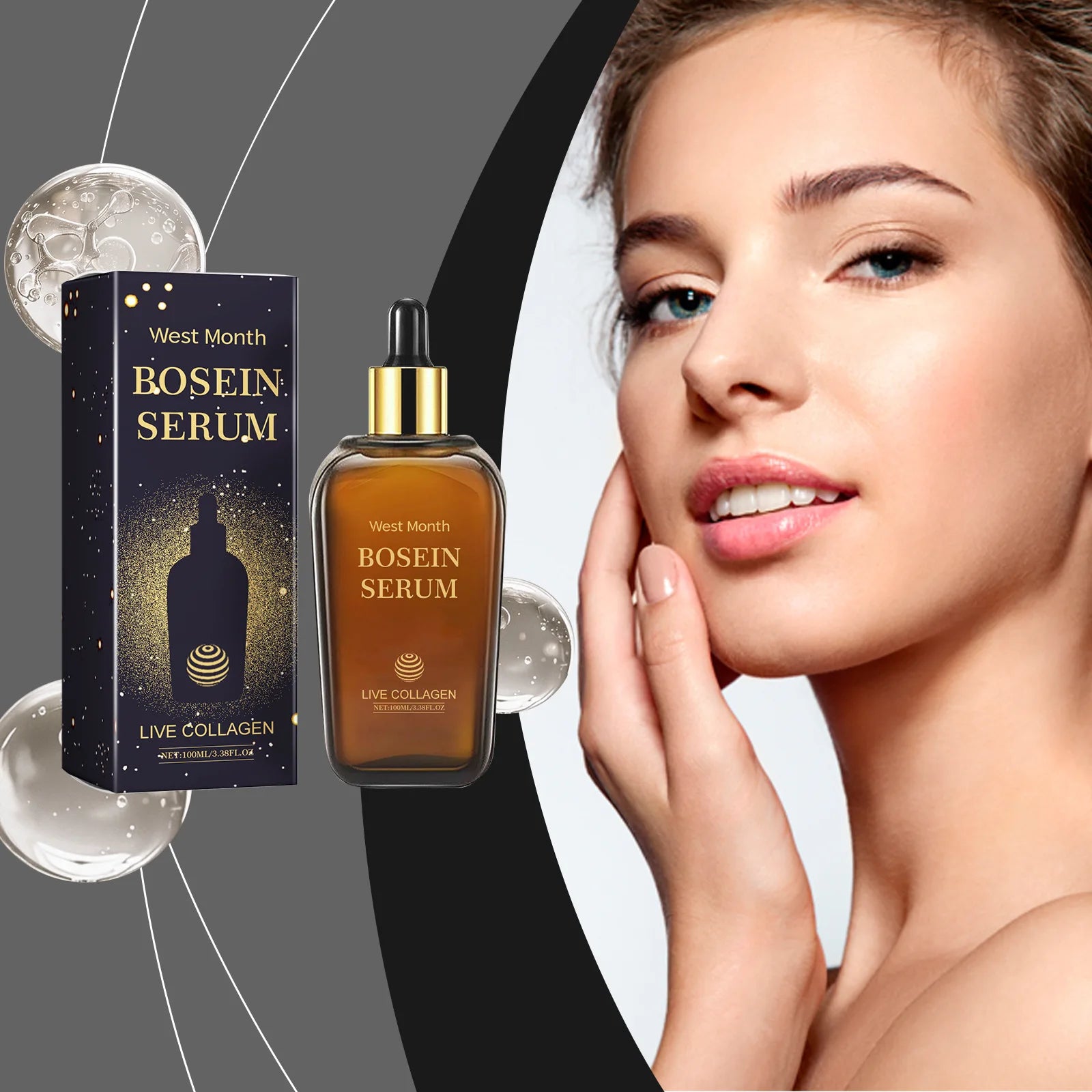 West Month Bosein Serum bottle and packaging with model showcasing smooth, radiant skin – live collagen anti-aging face serum BeTrendy